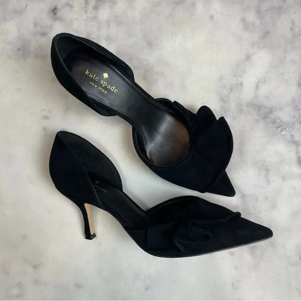 Kate Spade Shayna D’Orsay Ruffle Pumps Black Suede Pointed Toe Heels Sz 9